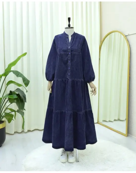 Yarım Düğmeli Kolu Lastikli Yarasa Kol Kot Elbise  -Laci