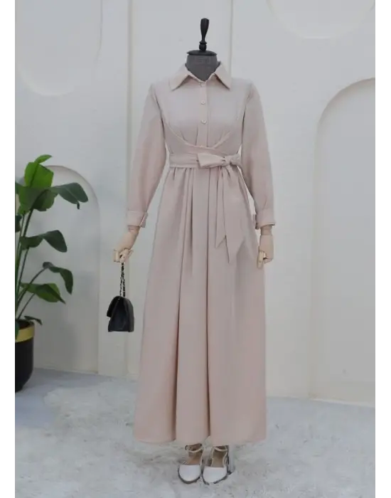 Yarım Düğmeli Önü Çapraz Bağlamalı Keten Elbise -Bej