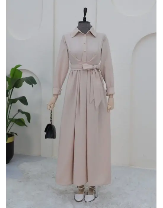 Omarı Etnik Tarzda Çapraz Bağlamalı Keten Elbise - Bej