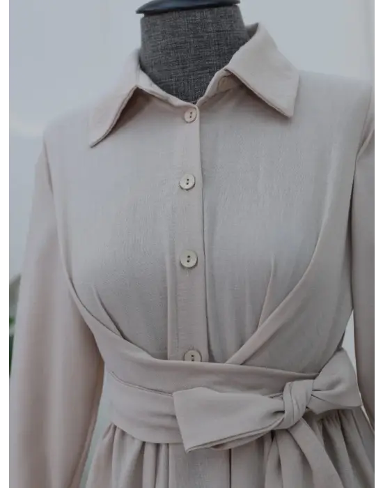 Omarı Etnik Tarzda Çapraz Bağlamalı Keten Elbise - Bej