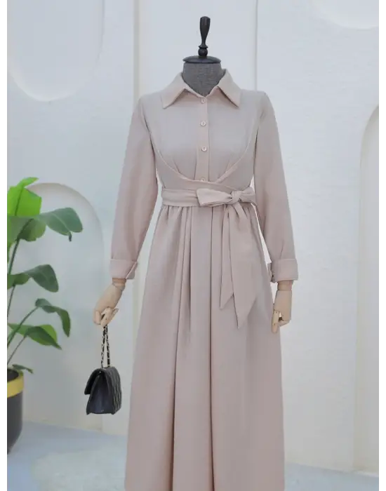 Yarım Düğmeli Önü Çapraz Bağlamalı Keten Elbise -Bej