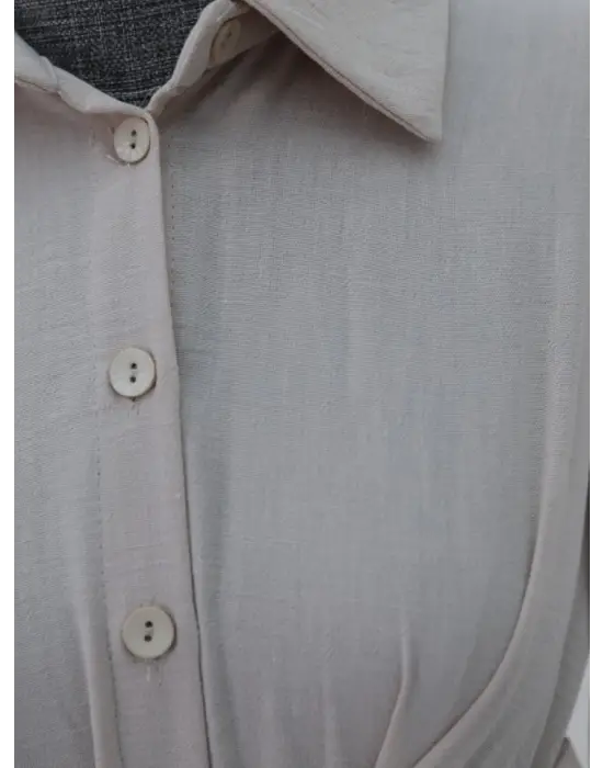 Yarım Düğmeli Önü Çapraz Bağlamalı Keten Elbise -Bej