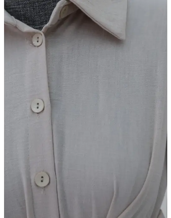 Omarı Etnik Tarzda Çapraz Bağlamalı Keten Elbise - Bej