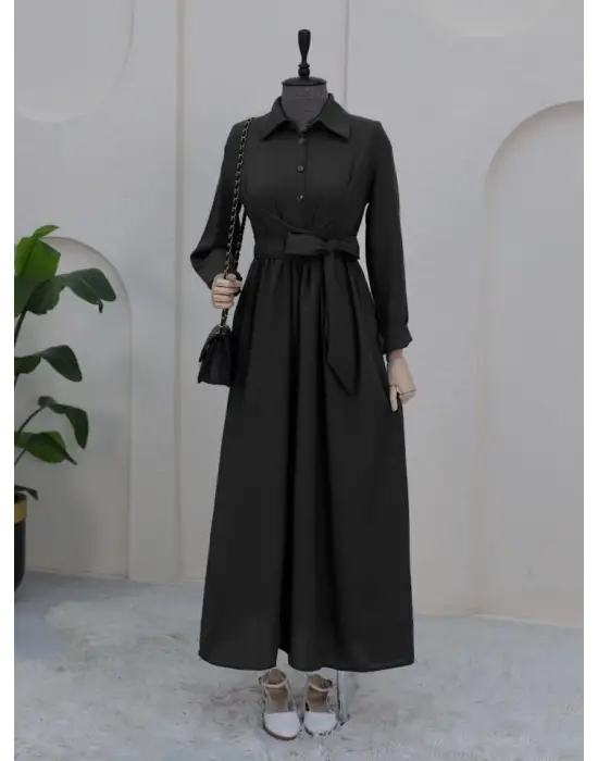 Yarım Düğmeli Önü Çapraz Bağlamalı Keten Elbise -Siyah