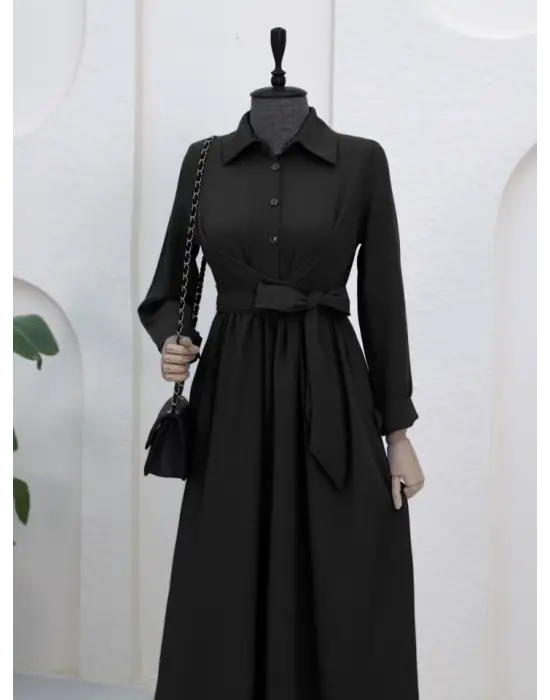 Yarım Düğmeli Önü Çapraz Bağlamalı Keten Elbise -Siyah