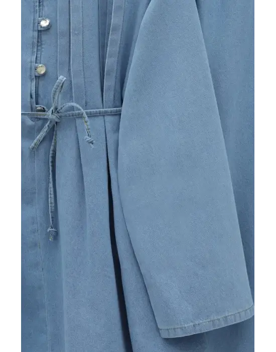 Yarım Düğmeli Önü Pliseli Beli Bağlamalı Pantolonlu Kot Takım  -Açık Mavi
