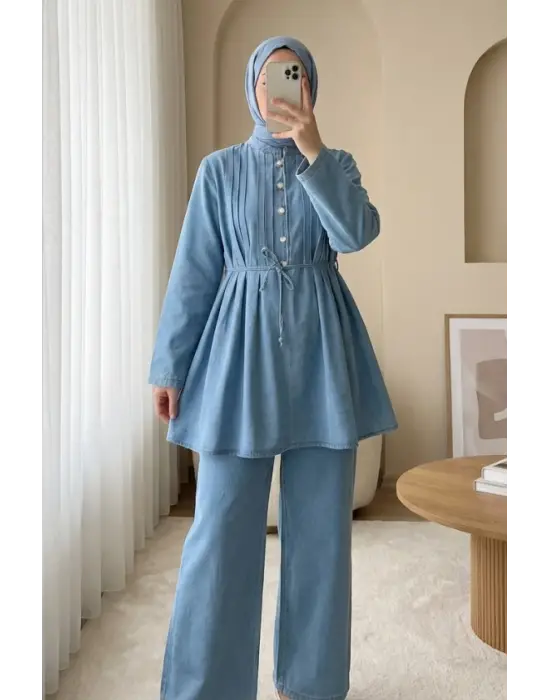 Yarım Düğmeli Önü Pliseli Beli Bağlamalı Pantolonlu Kot Takım  -Açık Mavi