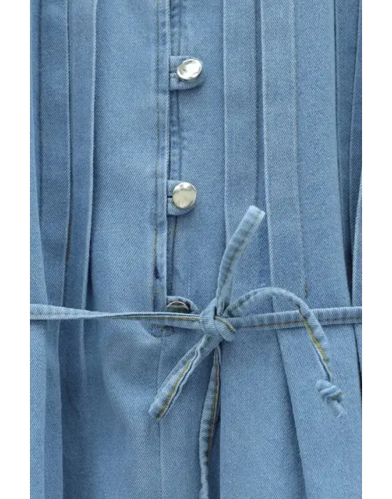 Yarım Düğmeli Önü Pliseli Beli Bağlamalı Pantolonlu Kot Takım  -Açık Mavi