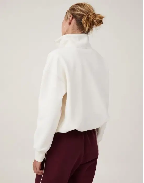 Omarı Beyaz Oversize Yarım Fermuarlı Basic Sweatshirt