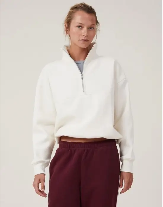 Omarı Beyaz Oversize Yarım Fermuarlı Basic Sweatshirt