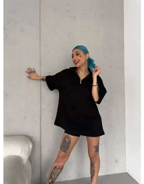 Omarı Siyah Yarım Fermuarlı Unisex Basic T-Shirt