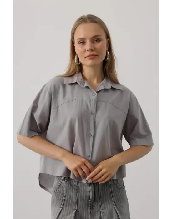 Omarı Trendyolda Yarım Kol Gri Gömlek