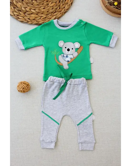 Omarı Yavru Koala Nakışlı Uzun Kollu Bebek Sweat Takımı - Yeşil