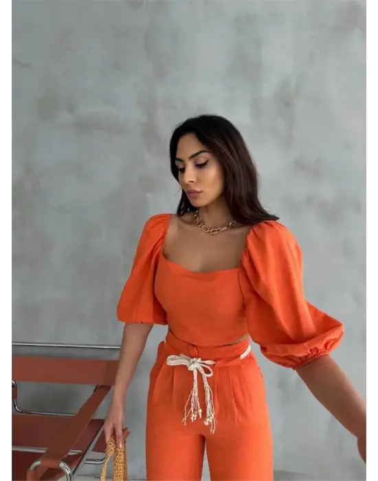 Omarı Ferah Tasarım Keten Crop Set - Portakal Rengi