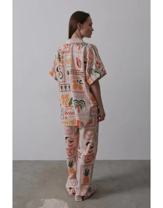 Omarı Taş ve Turuncu Baskılı Kısa Kol Takım