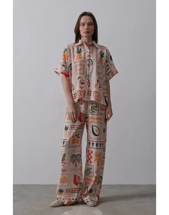 Omarı Taş ve Turuncu Baskılı Kısa Kol Takım