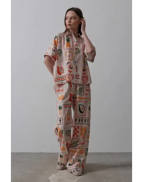 Omarı Taş ve Turuncu Baskılı Kısa Kol Takım