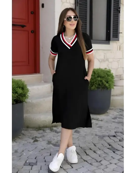 Omarı Zarif V Yaka Detaylı Viskon Elbise