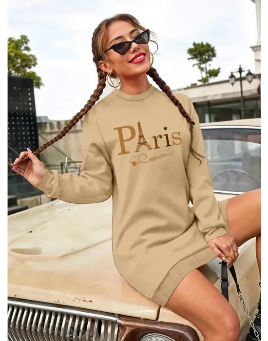 Omarı Yazılı Viskon Elbise Kadın Uzun Kollu Bisiklet Yaka