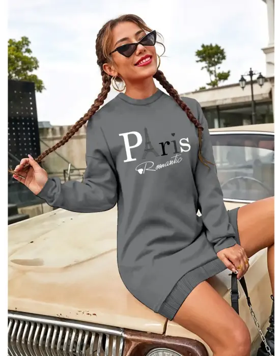 Omarı Yazılı Kadın Uzun Kollu Bisiklet Yaka Elbise