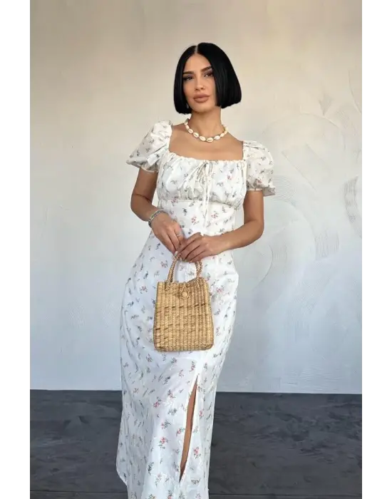 Omarı Havadar Lila Çiçek Desenli Yazlık Elbise