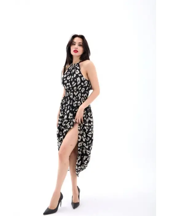 Omarı Derin V Yaka İnci Detaylı Siyah Elbise