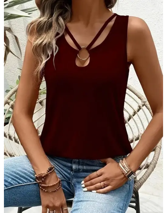 Omarı Halka Detaylı Askılı Viskon Bluz