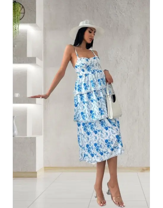 Omarı Dekolteli Çiçek Baskılı Midi Elbise