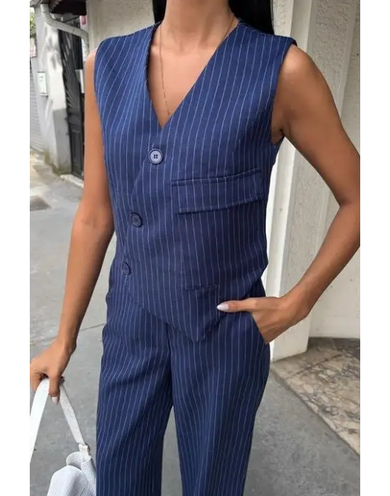 Yeleği Çapraz Detay Düğmeli Cepli Yelekli Takım 10150