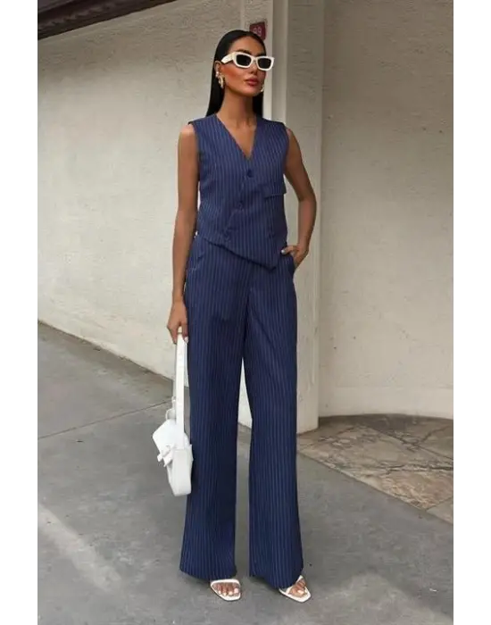 Yeleği Çapraz Detay Düğmeli Cepli Yelekli Takım 10150