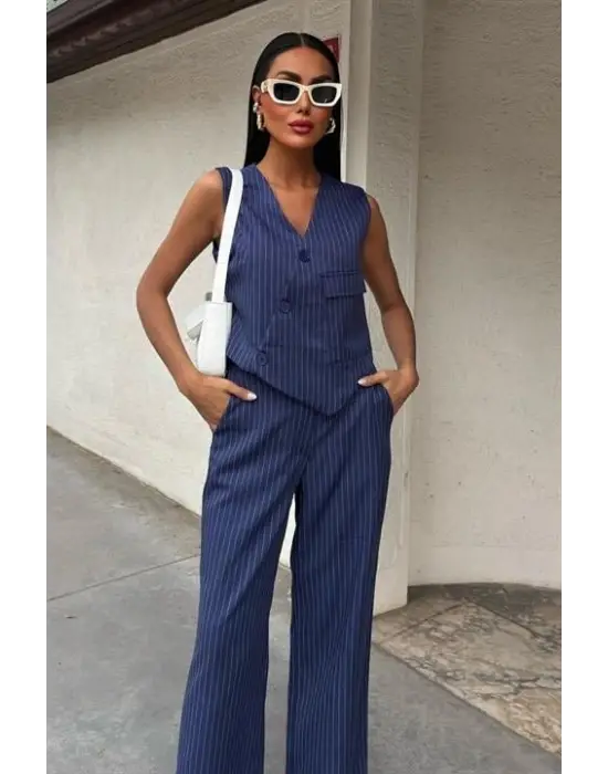 Yeleği Çapraz Detay Düğmeli Cepli Yelekli Takım 10150