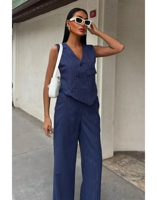 Yeleği Çapraz Detay Düğmeli Cepli Yelekli Takım 10150