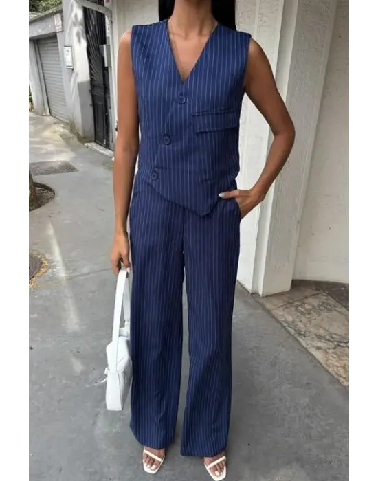 Yeleği Çapraz Detay Düğmeli Cepli Yelekli Takım 10150