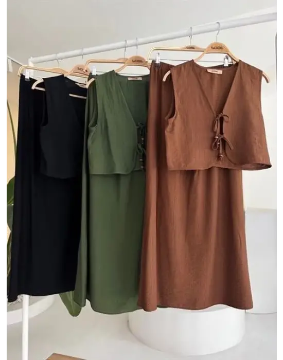 Omarı Önden Bağlamalı Uzun Etekli Yelek Takımı