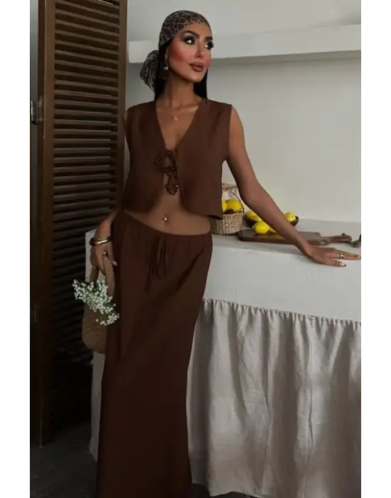 Omarı Dantel Detaylı Uzun Etekli Yelek Takımı