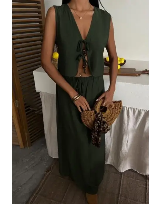 Omarı Önden Bağlamalı Uzun Etekli Yelek Takımı