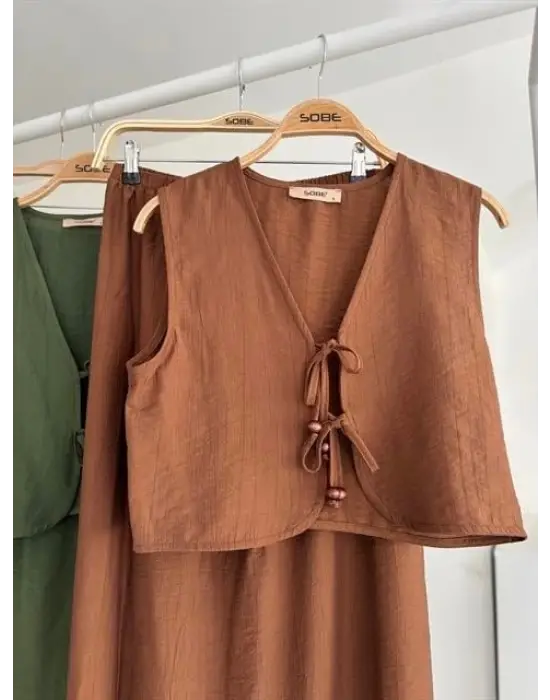 Omarı Önden Bağlamalı Uzun Etekli Yelek Takımı