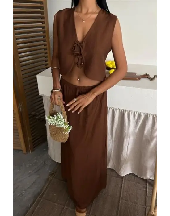 Omarı Dantel Detaylı Uzun Etekli Yelek Takımı