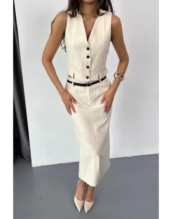 Omarı Önden Yırtmaçlı Keten Yelek Etek - Trendy ve Rahat