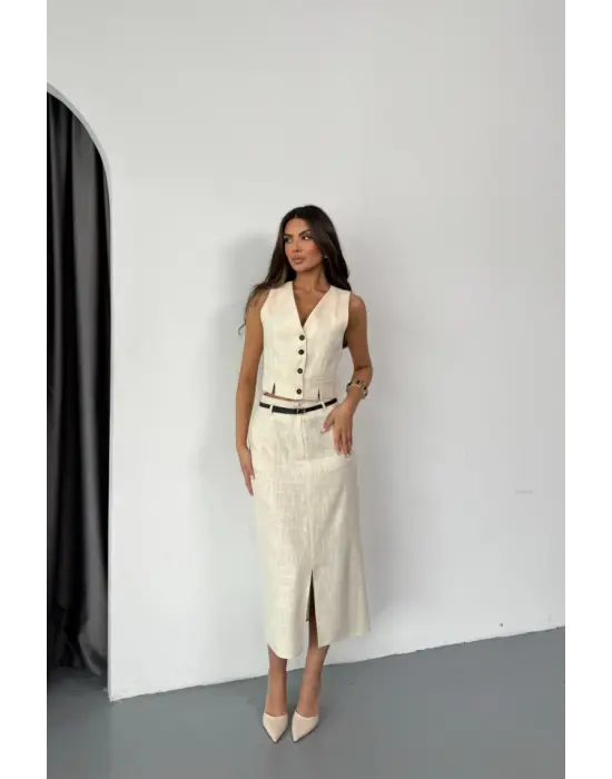 Omarı Önden Yırtmaçlı Keten Yelek Etek - Trendy ve Rahat