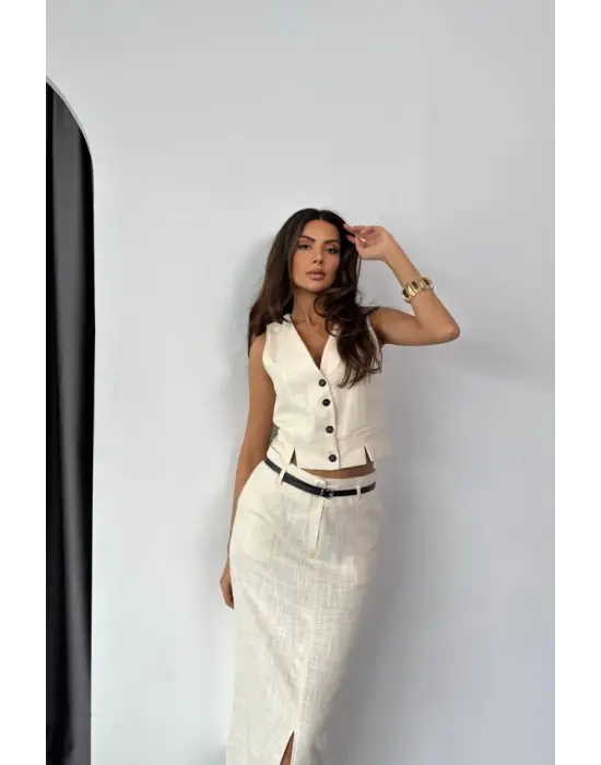 Omarı Önden Yırtmaçlı Keten Yelek Etek - Trendy ve Rahat