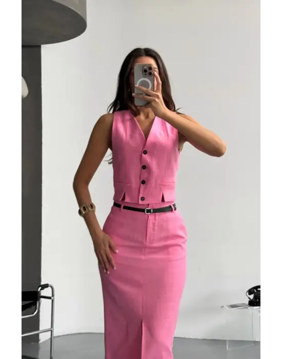 YELEK-ÖNDEN YIRTMAÇLI ETEK TK ŞANTUK KETEN - Pembe