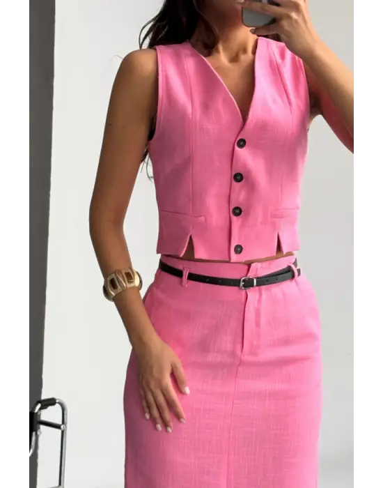 Omarı Ön Yırtmaçlı Pembe Keten Etek Yeleği