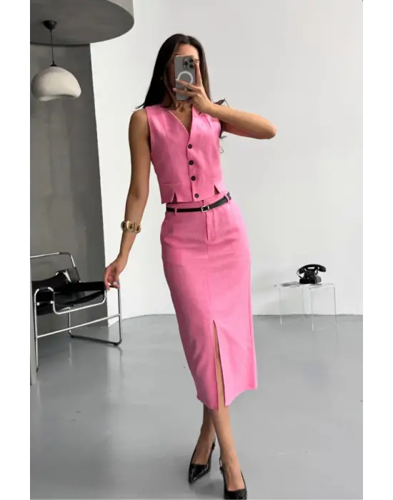 Omarı Ön Yırtmaçlı Pembe Keten Etek Yeleği