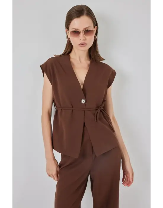 Yelek Pantolon Kumaş Takım 30050 - Kahverengi