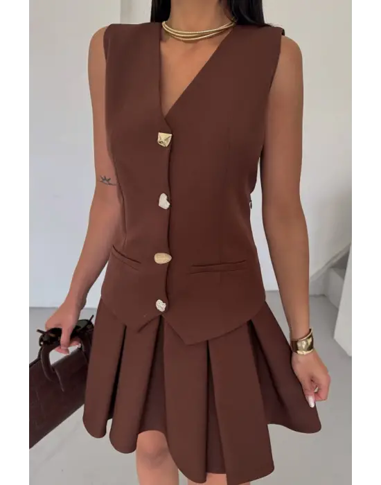 Omarı Kadife Dokulu Pileli Dizayn Elbise - Kahverengi