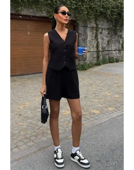 Yelek Şort Flamlı Keten Takım 10133-17