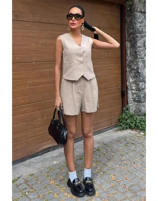 Yelek Şort Flamlı Keten Takım 10133-17