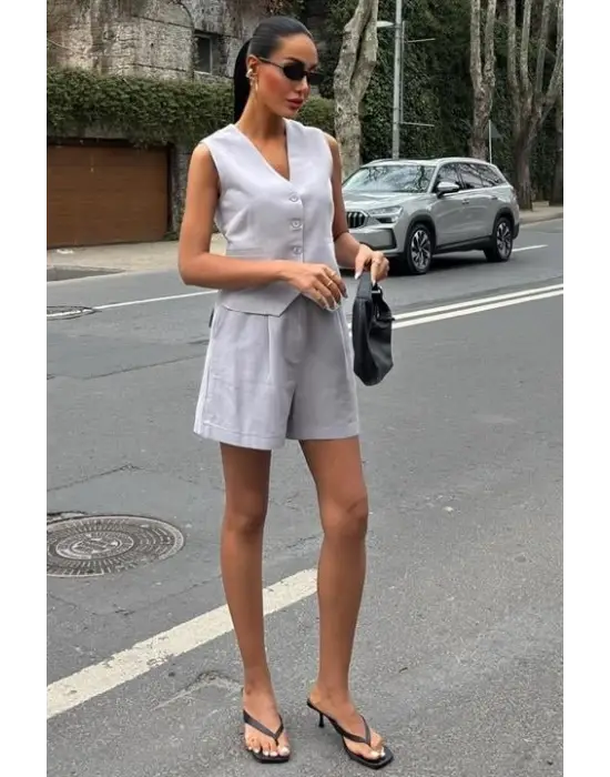 Yelek Şort Flamlı Keten Takım 10133-17