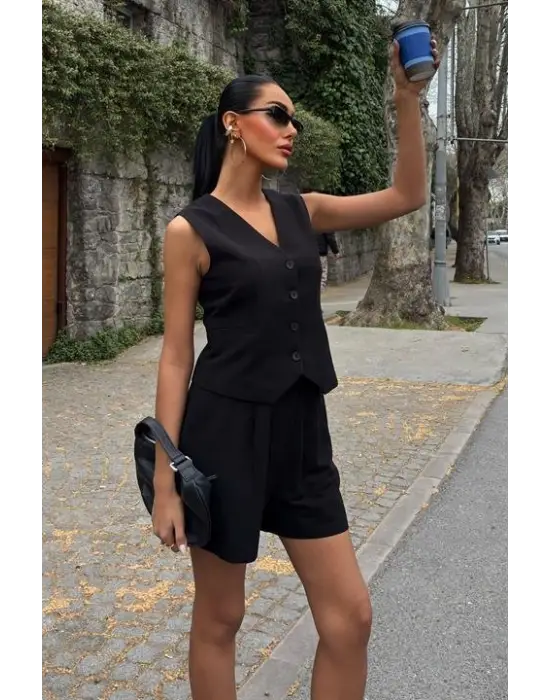 Yelek Şort Flamlı Keten Takım 10133-17